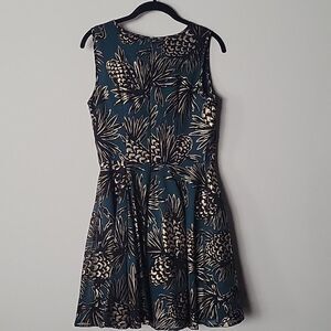 NWT Maison Jules Fit Flare S Dress Knee Gold Metallic Green Teal Printed Retro